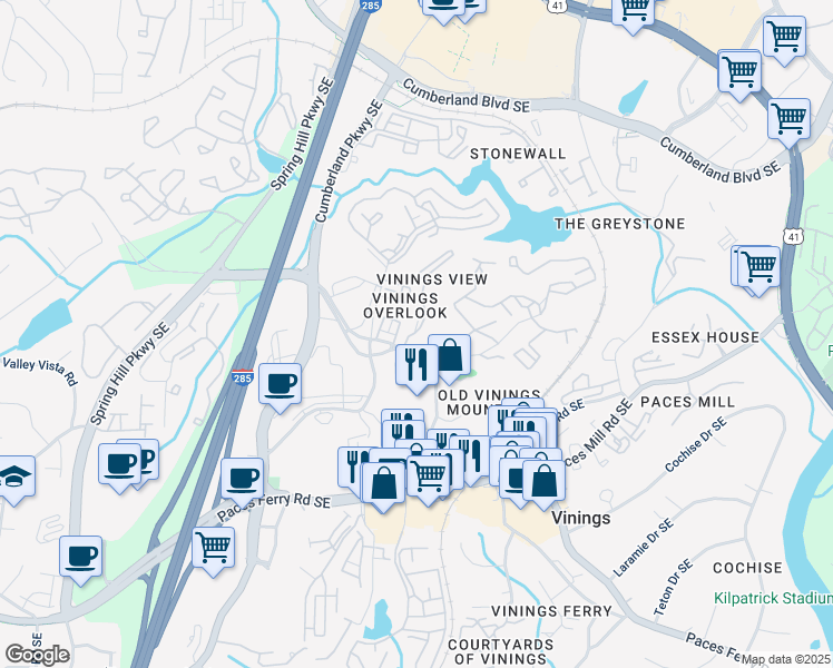 map of restaurants, bars, coffee shops, grocery stores, and more near 2808 Mount Wilkinson Parkway Southeast in Atlanta