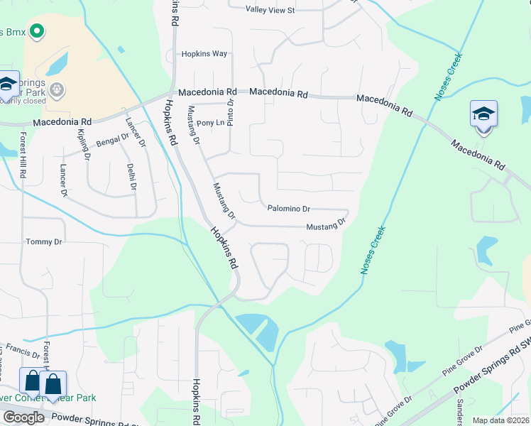map of restaurants, bars, coffee shops, grocery stores, and more near 3371 Mustang Drive in Powder Springs