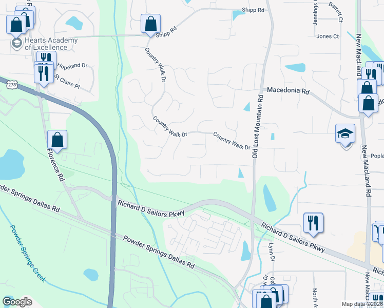 map of restaurants, bars, coffee shops, grocery stores, and more near 3475 Hollow Stream Trail in Powder Springs