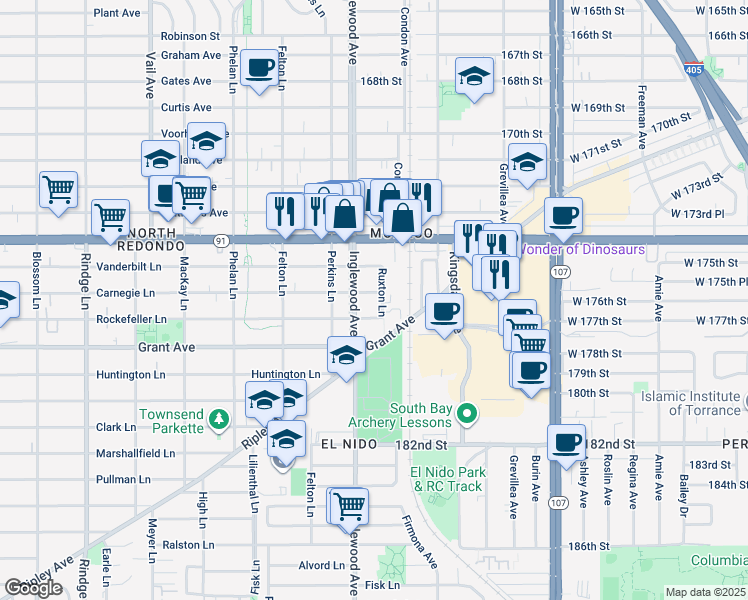 map of restaurants, bars, coffee shops, grocery stores, and more near Carnegie Lane in Redondo Beach