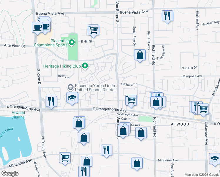 map of restaurants, bars, coffee shops, grocery stores, and more near 1548 Spruce Street in Placentia