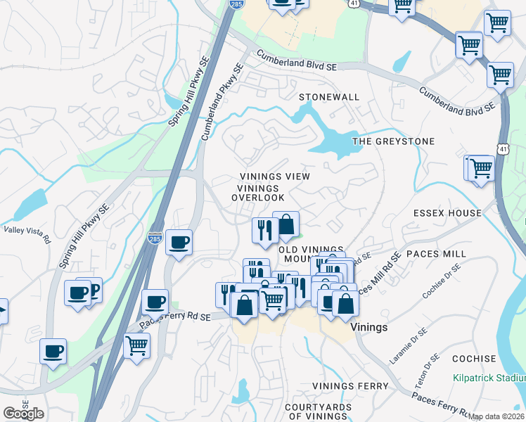 map of restaurants, bars, coffee shops, grocery stores, and more near 7 Pines Court in Atlanta
