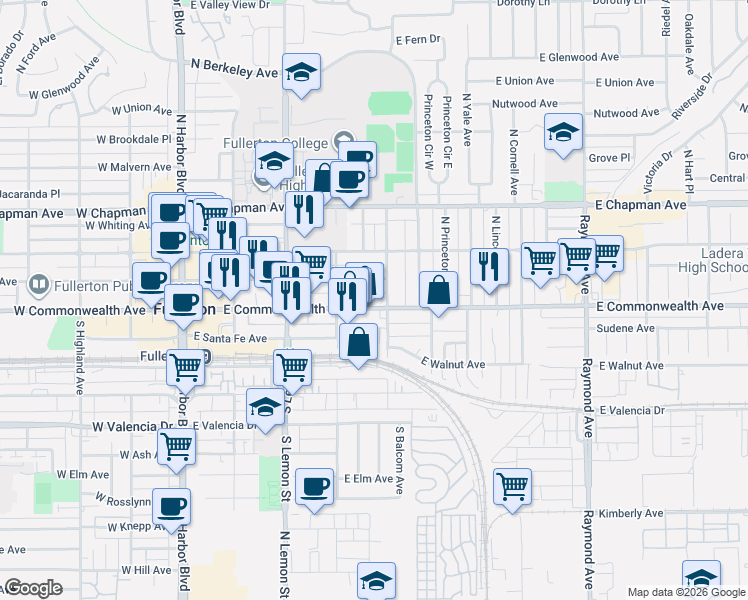 map of restaurants, bars, coffee shops, grocery stores, and more near 435 East Commonwealth Avenue in Fullerton
