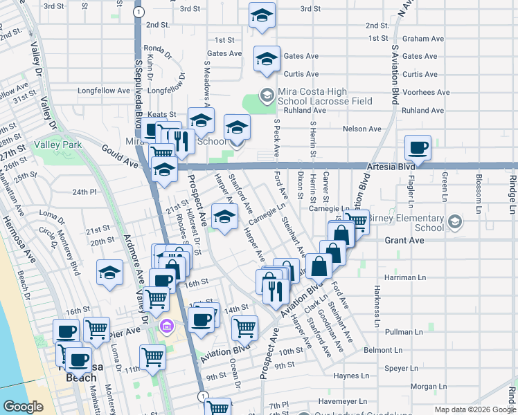 map of restaurants, bars, coffee shops, grocery stores, and more near Goodman Avenue in Redondo Beach