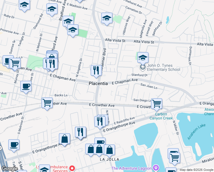 map of restaurants, bars, coffee shops, grocery stores, and more near 212 South Kraemer Boulevard in Placentia