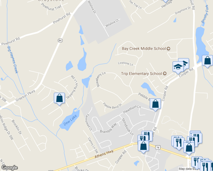 map of restaurants, bars, coffee shops, grocery stores, and more near 2478 Roseberry Lane in Grayson