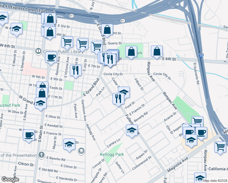 map of restaurants, bars, coffee shops, grocery stores, and more near 929 Fullerton Avenue in Corona