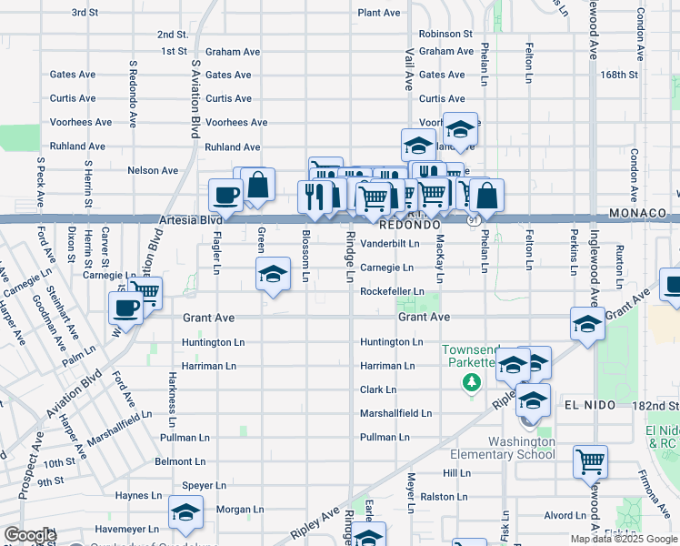 map of restaurants, bars, coffee shops, grocery stores, and more near 2118 Carnegie Lane in Redondo Beach