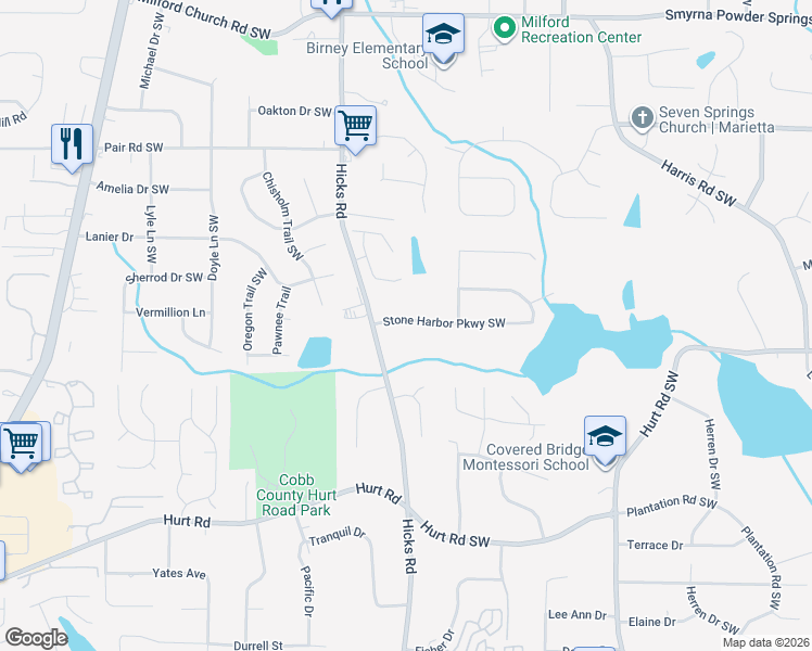 map of restaurants, bars, coffee shops, grocery stores, and more near 815 Stone Harbor Parkway Southwest in Marietta