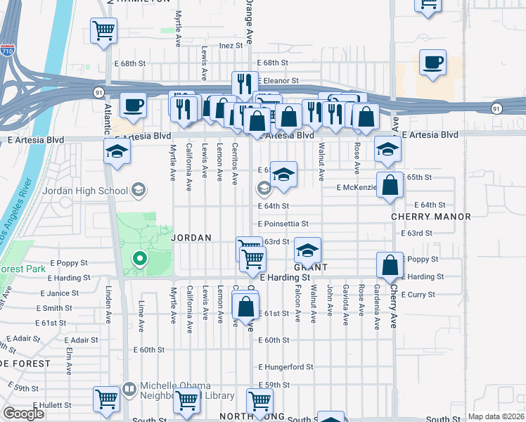 map of restaurants, bars, coffee shops, grocery stores, and more near 1228 East 64th Street in Long Beach