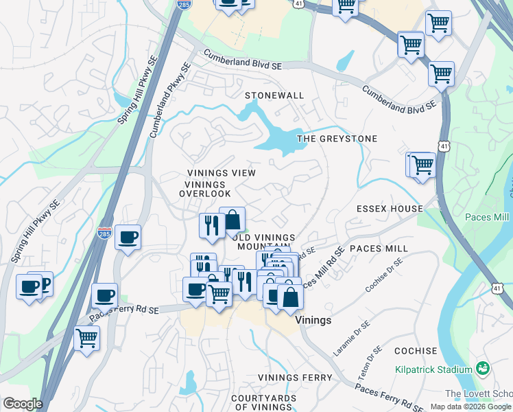 map of restaurants, bars, coffee shops, grocery stores, and more near 311 Woodridge Drive in Atlanta