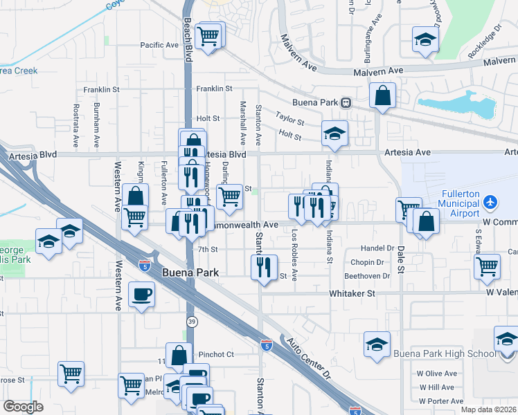 map of restaurants, bars, coffee shops, grocery stores, and more near in Buena Park