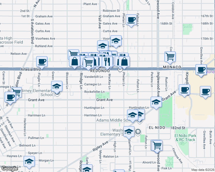 map of restaurants, bars, coffee shops, grocery stores, and more near 2313 Rockefeller Lane in Redondo Beach