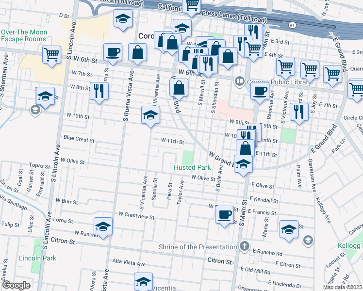 map of restaurants, bars, coffee shops, grocery stores, and more near 526 West 11th Street in Corona