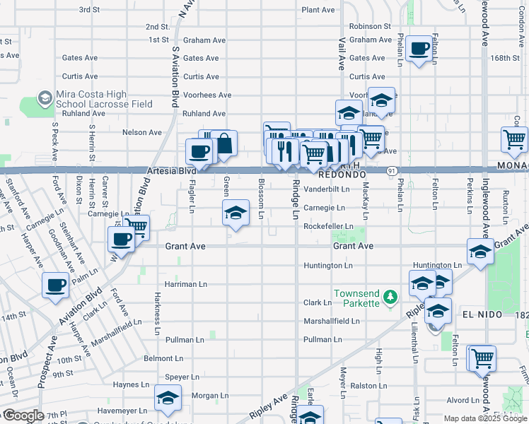 map of restaurants, bars, coffee shops, grocery stores, and more near 2100 Carnegie Lane in Redondo Beach