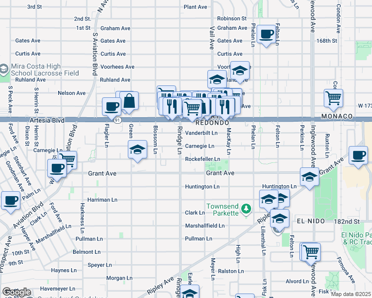 map of restaurants, bars, coffee shops, grocery stores, and more near 2204 Carnegie Lane in Redondo Beach