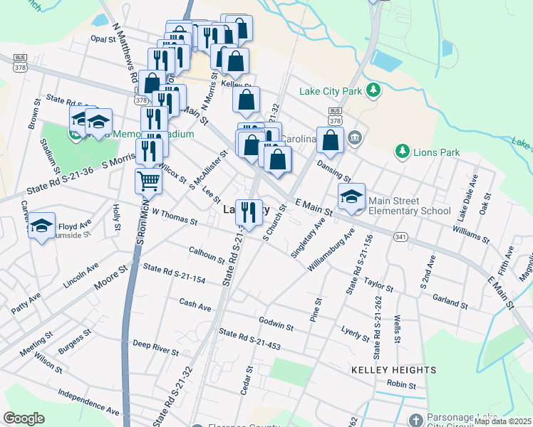 map of restaurants, bars, coffee shops, grocery stores, and more near 111 Henry Street in Lake City