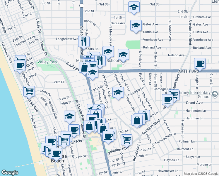 map of restaurants, bars, coffee shops, grocery stores, and more near 1101 21st Street in Hermosa Beach