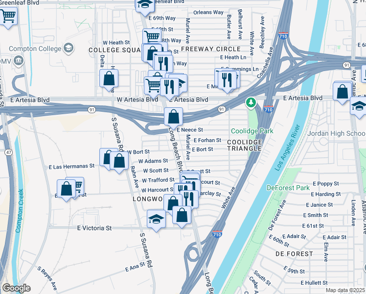map of restaurants, bars, coffee shops, grocery stores, and more near 121 East Bort Street in Long Beach
