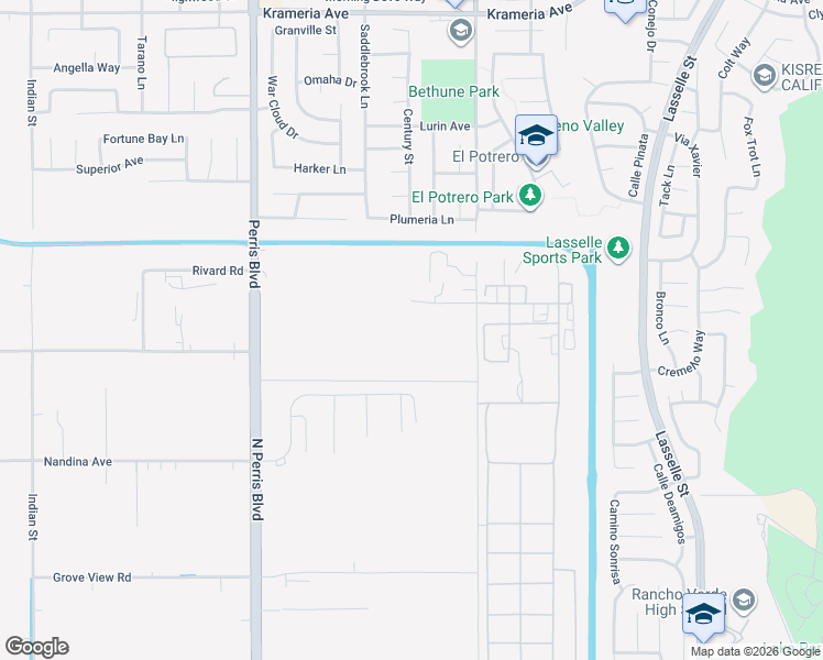 map of restaurants, bars, coffee shops, grocery stores, and more near 17350 Perris Boulevard in Moreno Valley