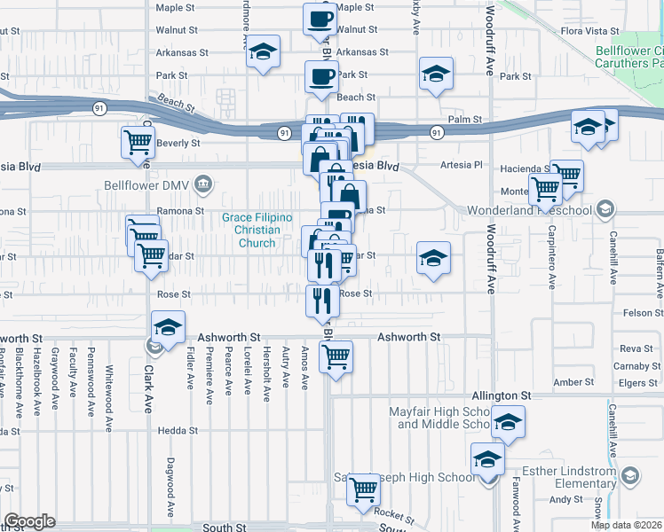 map of restaurants, bars, coffee shops, grocery stores, and more near 17812 Bellflower Blvd in Bellflower