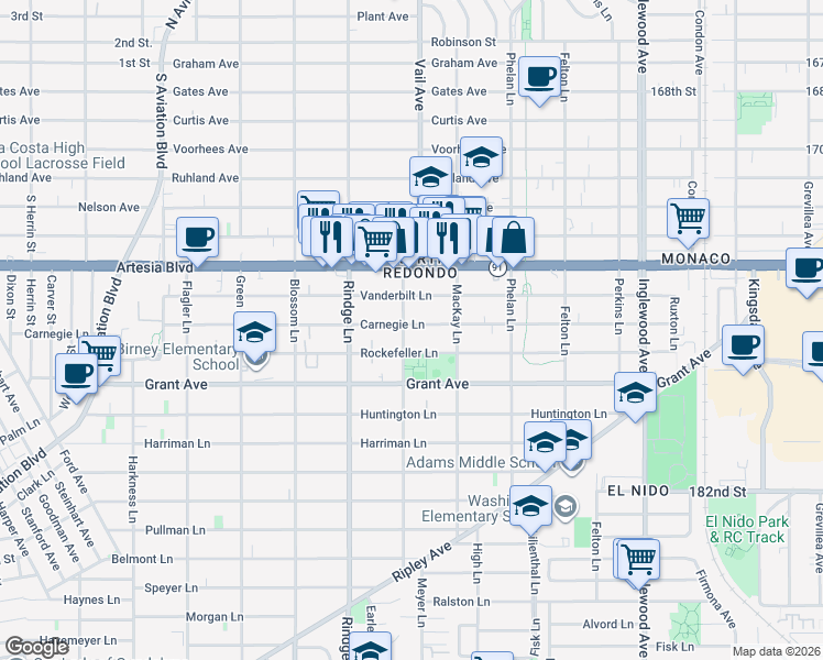 map of restaurants, bars, coffee shops, grocery stores, and more near 2300 Carnegie Lane in Redondo Beach