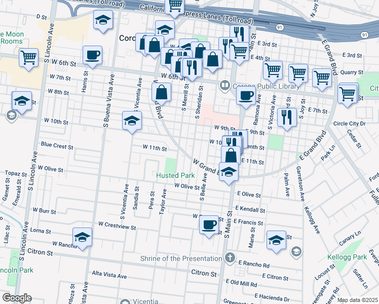 map of restaurants, bars, coffee shops, grocery stores, and more near 1041 West Grand Boulevard in Corona