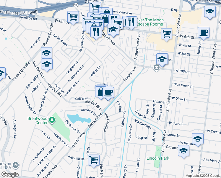 map of restaurants, bars, coffee shops, grocery stores, and more near 1317 Vía Santiago in Corona