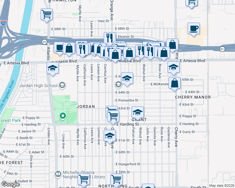 map of restaurants, bars, coffee shops, grocery stores, and more near 1228 East 64th Street in Long Beach