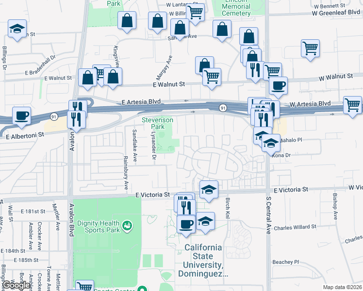map of restaurants, bars, coffee shops, grocery stores, and more near 17539 Persimmon Drive in Carson