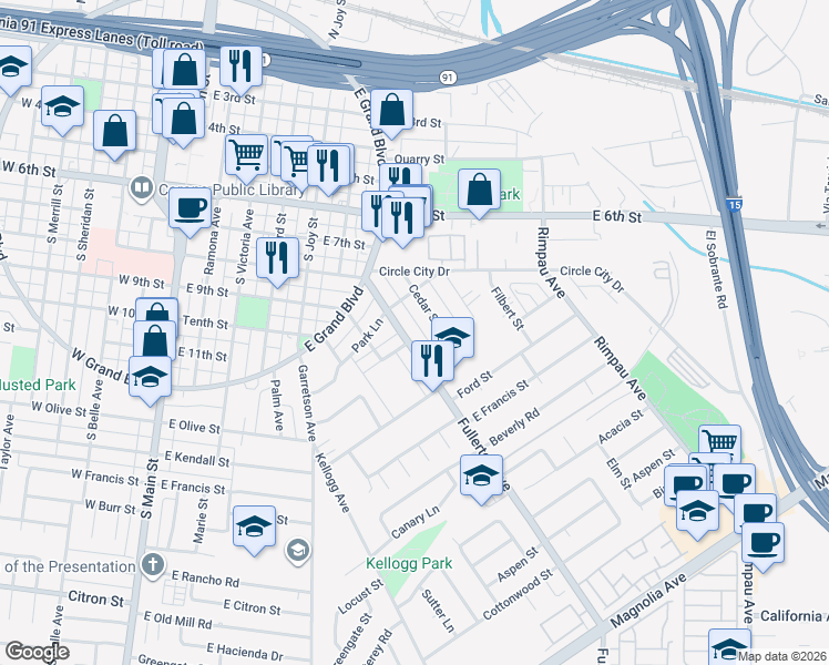 map of restaurants, bars, coffee shops, grocery stores, and more near 929 Fullerton Avenue in Corona