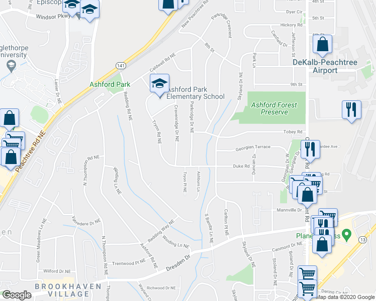 map of restaurants, bars, coffee shops, grocery stores, and more near 2842 Parkridge Drive Northeast in Atlanta