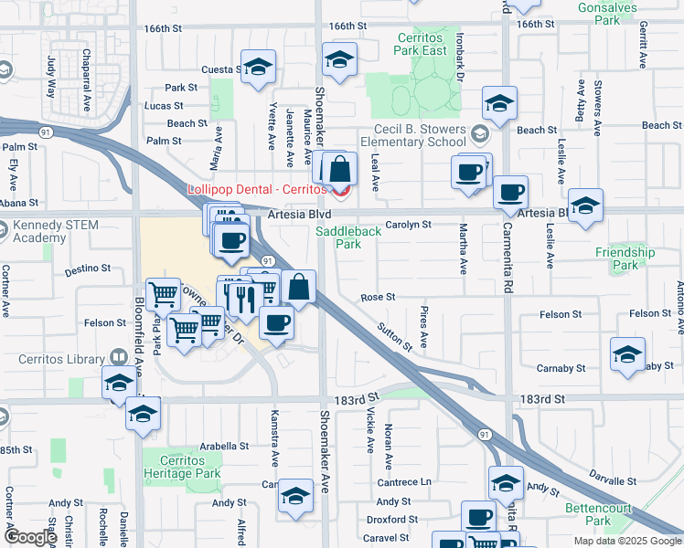 map of restaurants, bars, coffee shops, grocery stores, and more near 13025 Semora Drive in Cerritos