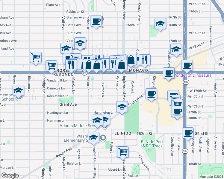 map of restaurants, bars, coffee shops, grocery stores, and more near 2614 Carnegie Lane in Redondo Beach