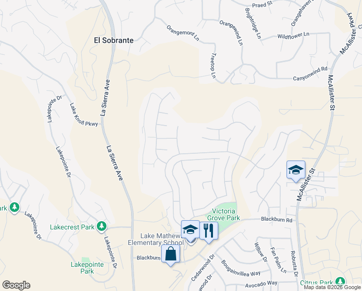 map of restaurants, bars, coffee shops, grocery stores, and more near 12202 Ruby Lane in Riverside