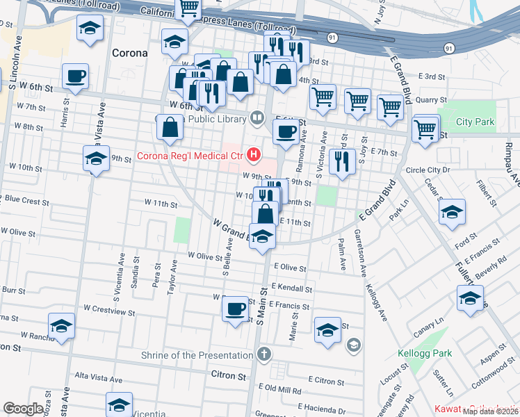 map of restaurants, bars, coffee shops, grocery stores, and more near 1004 South Washburn Avenue in Corona