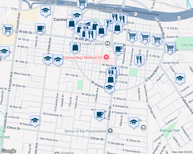 map of restaurants, bars, coffee shops, grocery stores, and more near 308 West 10th Street in Corona