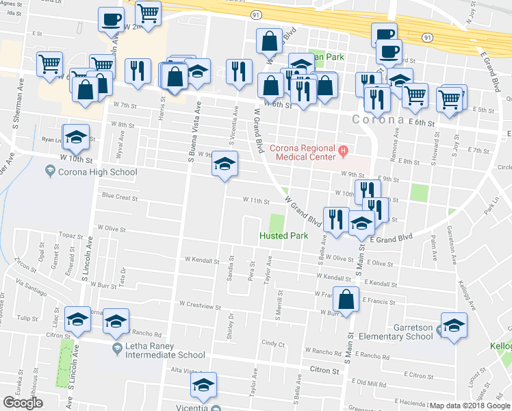 map of restaurants, bars, coffee shops, grocery stores, and more near 623 West 11th Street in Corona