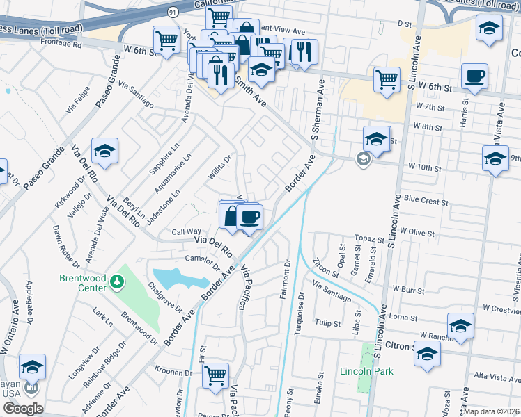 map of restaurants, bars, coffee shops, grocery stores, and more near 1138 Norwich Way in Corona