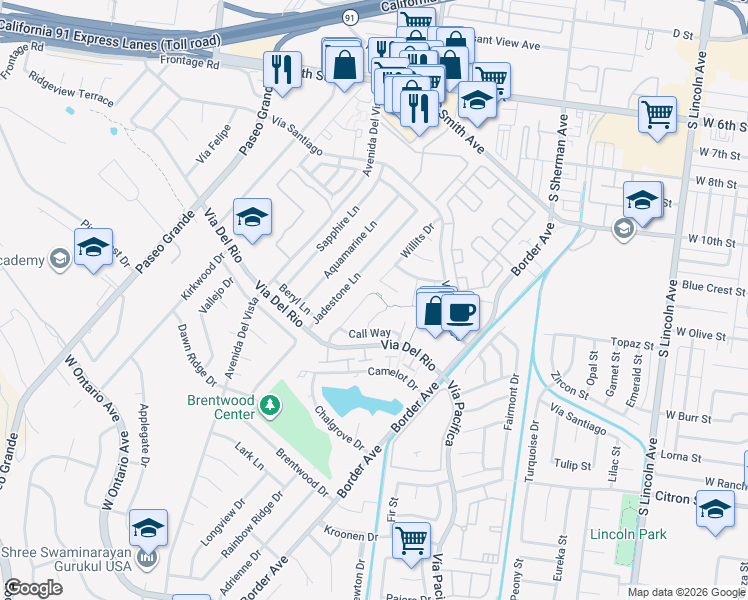 map of restaurants, bars, coffee shops, grocery stores, and more near 1194 Willits Drive in Corona