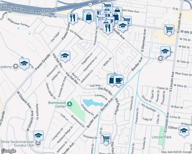 map of restaurants, bars, coffee shops, grocery stores, and more near 1194 Willits Drive in Corona