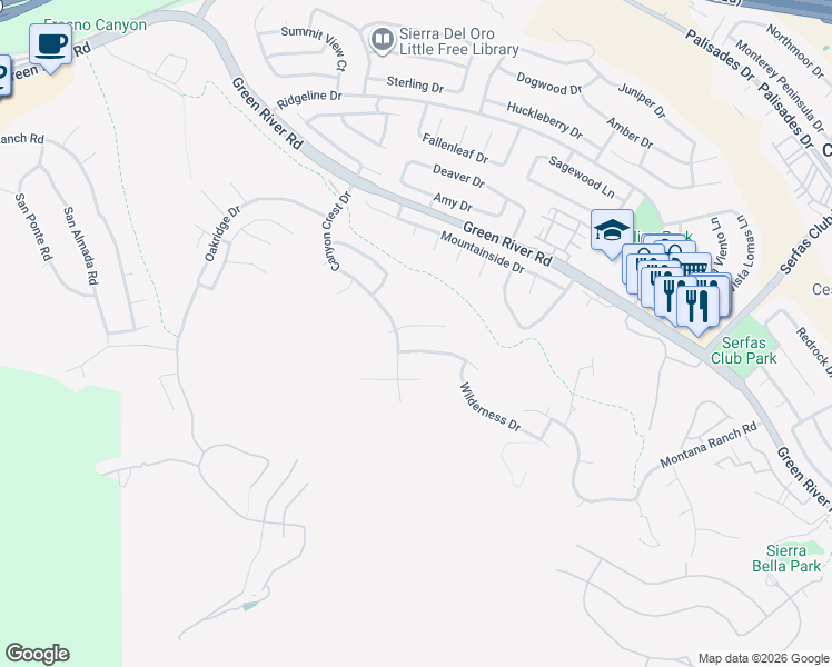 map of restaurants, bars, coffee shops, grocery stores, and more near 3265 Crystal Ridge Circle in Corona