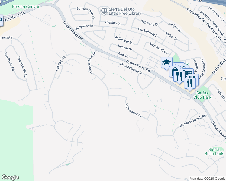 map of restaurants, bars, coffee shops, grocery stores, and more near 3265 Crystal Ridge Circle in Corona