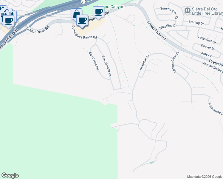 map of restaurants, bars, coffee shops, grocery stores, and more near 1630 San Almada Road in Corona