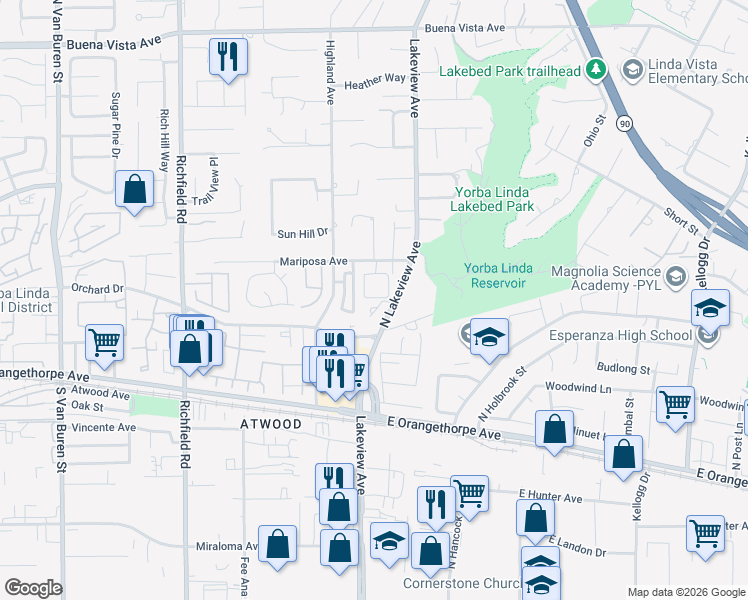 map of restaurants, bars, coffee shops, grocery stores, and more near 213 Bay Meadows Drive in Placentia