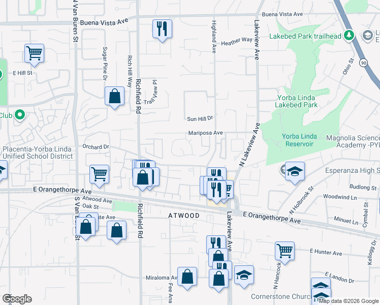 map of restaurants, bars, coffee shops, grocery stores, and more near 201 Horseshoe Drive in Placentia