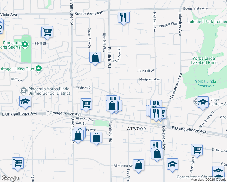 map of restaurants, bars, coffee shops, grocery stores, and more near 1836 Kennedy Drive in Placentia