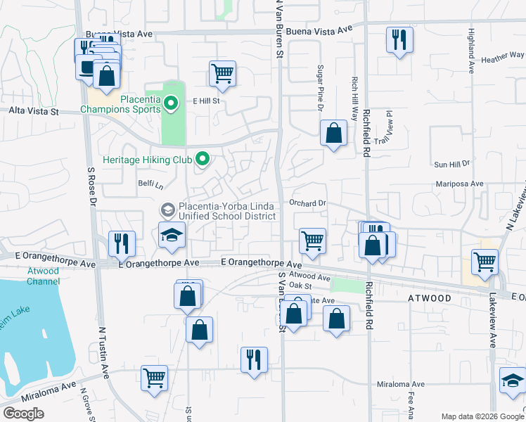 map of restaurants, bars, coffee shops, grocery stores, and more near 17251 Ash Street in Placentia
