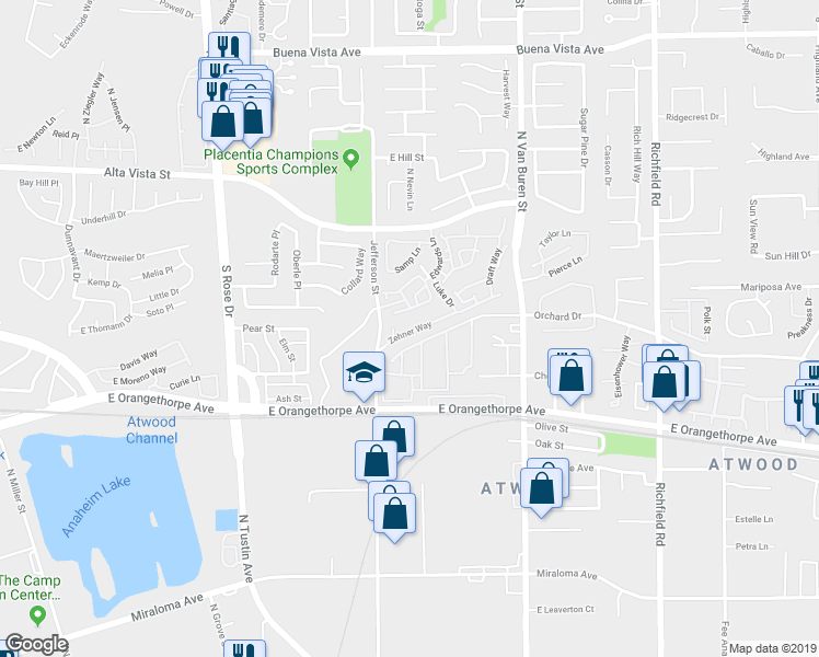 map of restaurants, bars, coffee shops, grocery stores, and more near 1444 East Boone Way in Placentia