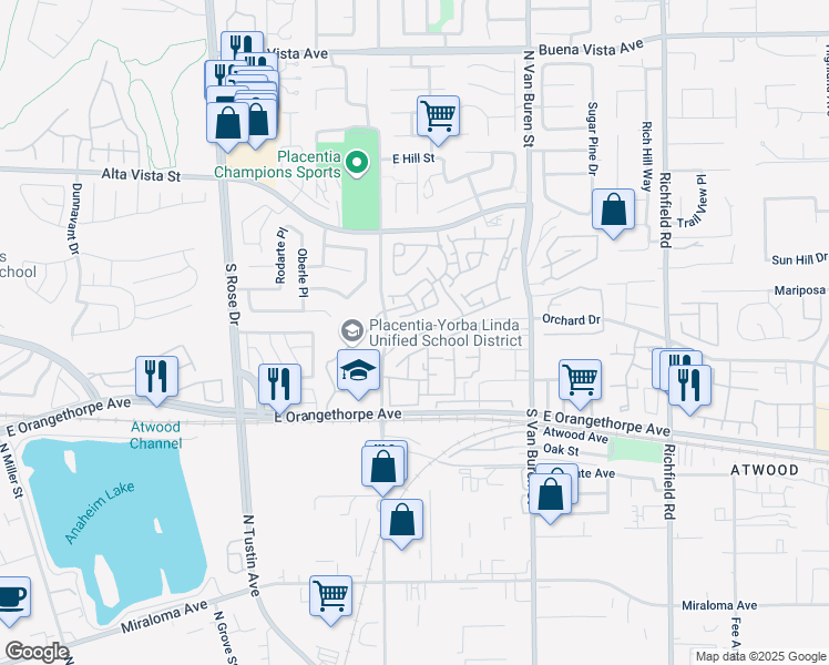 map of restaurants, bars, coffee shops, grocery stores, and more near 1444 East Boone Way in Placentia